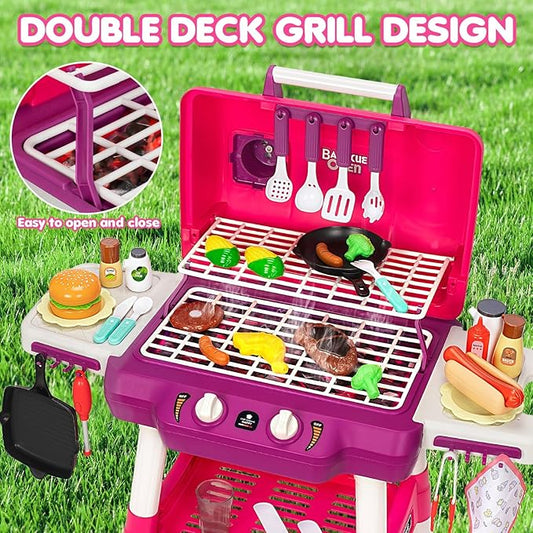 Kids Play Kitchen Toys, Kids BBQ Grill Playset with Smoke Sound Light, 2-Layer Barbecue Toy with Wheels, Outdoor Play Food Toys Cooking Set for Toddler 3-5, Birthday for Boy Girl (Pink)