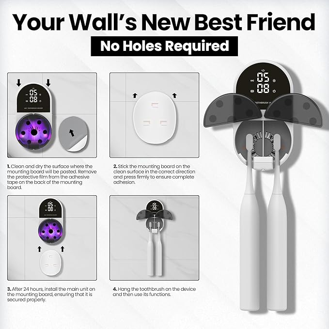 UV Toothbrush Sanitizer Holder & Cleaner with Led Clock Display, Hands-Free Wave Sensing & Dual Toothbrush Storage - Wall Mounted UV Tooth Brush Sanitizer Holder for Bathroom Decor, Fits All Brushes
