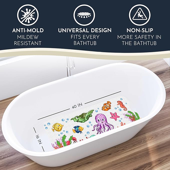 Bath Tub Mat Non Slip Anti Mold for Kids BPA Free INCL Hooks - homerella® Ocean Sea Animals 40x16, Baby Bath Mat Non Slip 200 Suction Cups, Non Toxic Machine Washable Toddler Bath Mat, EU Certified