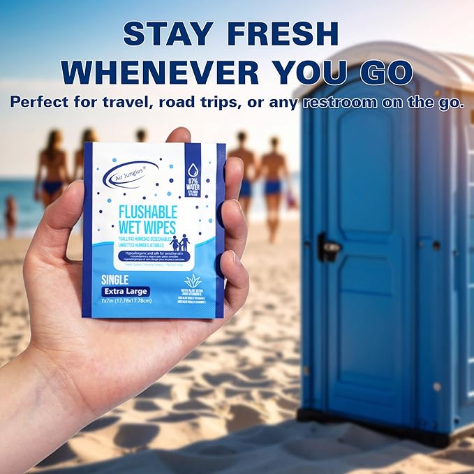 Air Jungles Flushable Wipes Individually Wrapped 50 Count (Pack of 2), with Aloe Vera & Vitamin E, Travel Size Wet Cleansing Wipes for Adult, Fresh Scent, Alcohol Free - XL 7 × 7 in