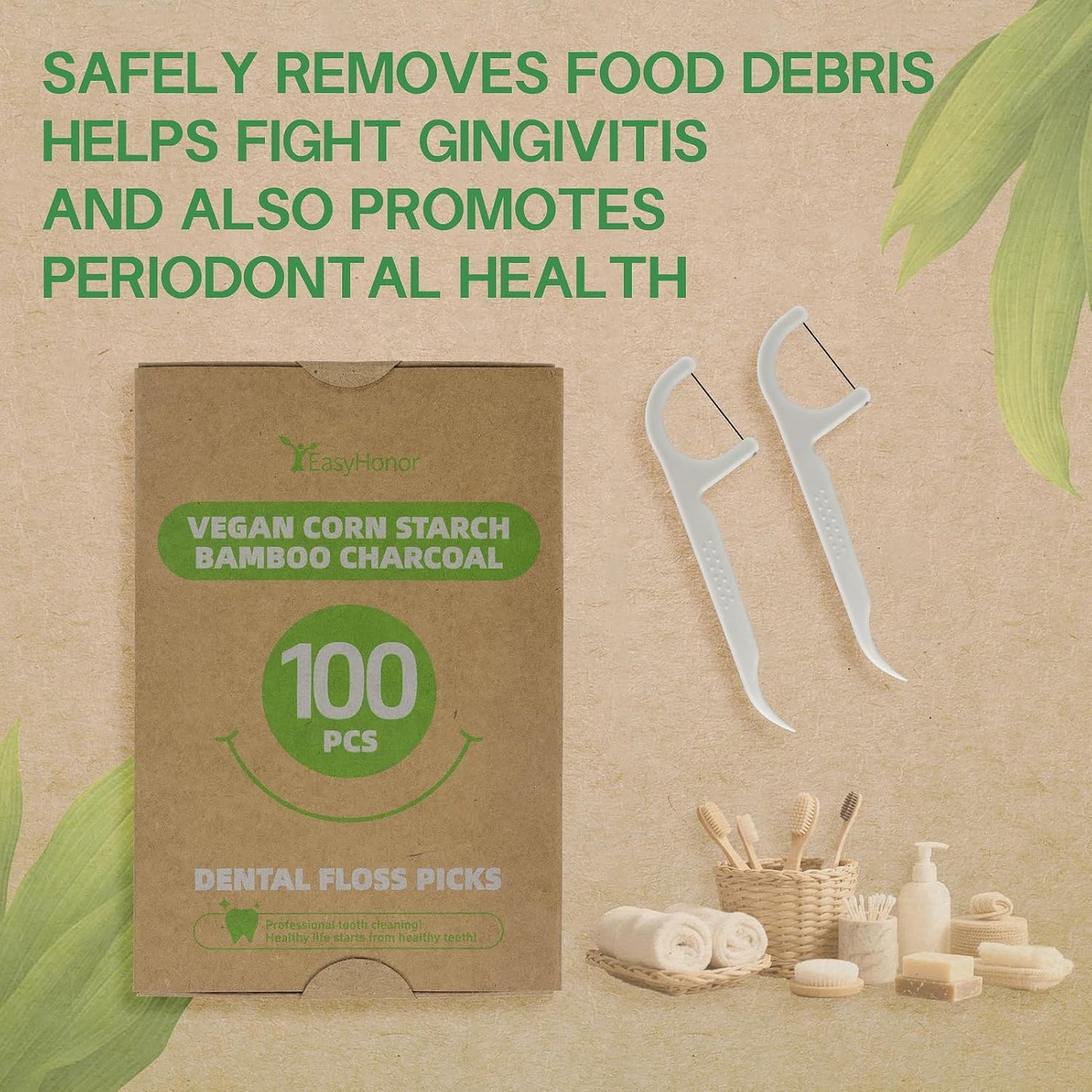 EasyHonor Organic Dental Floss Picks - Natural Biodegradable Floss Sticks with Strong Bamboo Charcoal Thread & Vegan Corn Starch Handle.(100PCS)