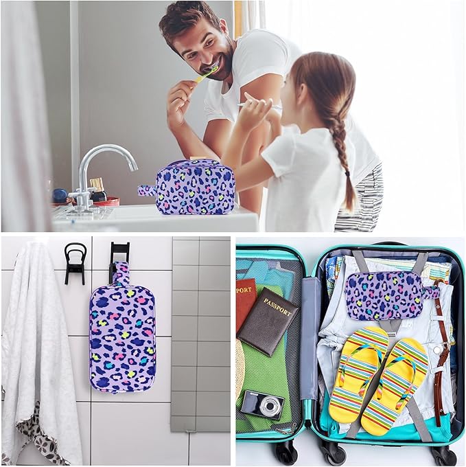 Cheetah Kids Toiletry Bag for Girls, Travel Toiletry Bag for Little Young Girls Cosmetic Bag Makeup Bag Waterproof Hanging Wash Bag Toddler Toiletries, Leopard Purple