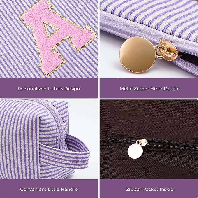 Makeup Bag Set Initials Cosmetic Bag,Birthday Graduation Gifts for 10 11 12 13 14 15 16 17 18 Years Old Girl Girlfriend Teen Girls Gift Trendy Stuff Toiletry Bag Travel - Lavender,A