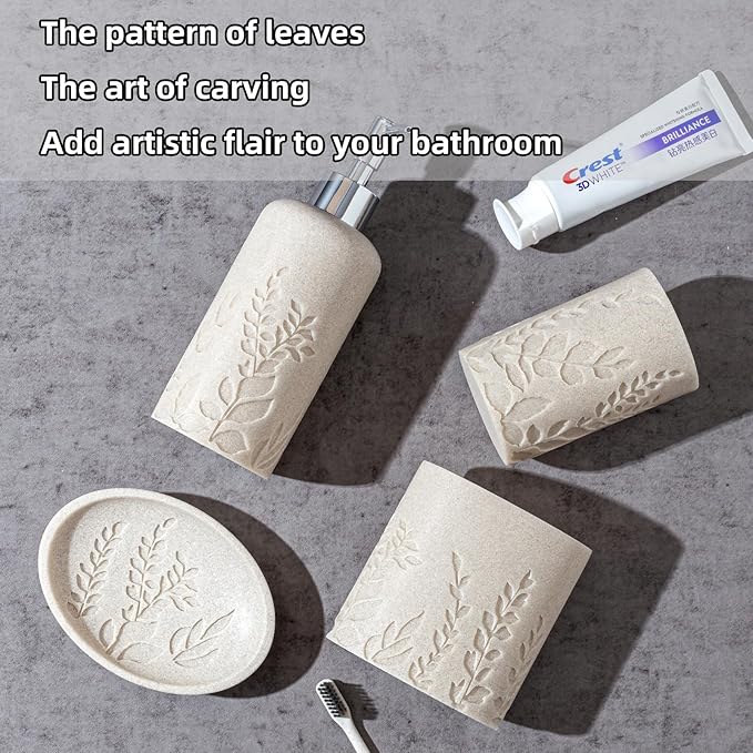 Bathroom Accessories Set, 4 PCS Bathroom Accessory Sets with Soap Dispenser 13 OZ, Toothbrush Holder, Tumbler, Soap Dish, Bathroom Countertop Organizer, Sea Bathroom Decor (Leaf Beach)