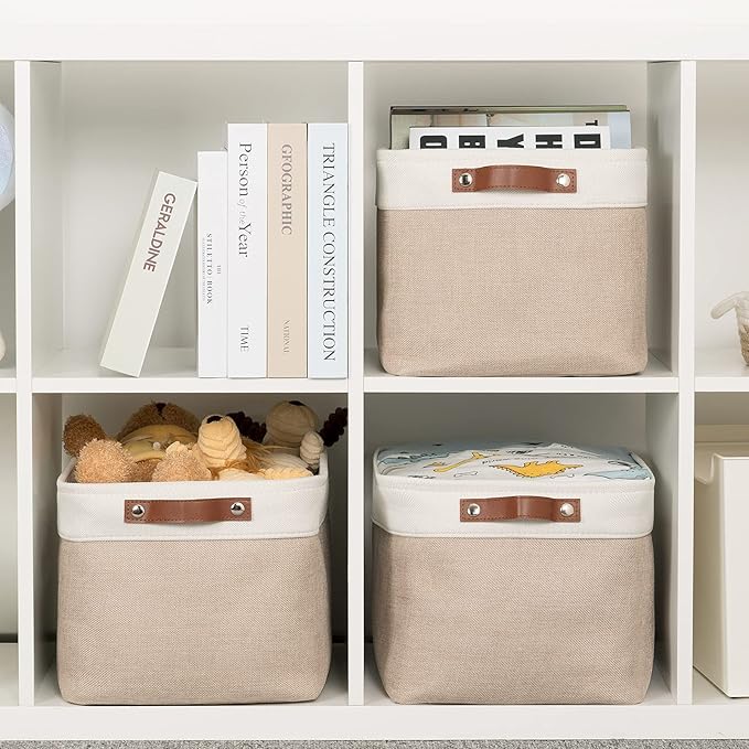 HNZIGE Fabric Storage Baskets for Shelves, Large Collapsible Storage Baskets for Organizing, Decorative Baskets Bins Set with Handles for Closet, Clothes,Home (3 Pack, White&Khaki,15" x 11" x 9.5")