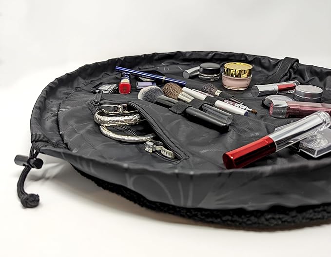 Lay-n-Go Cosmo Drawstring Cosmetic & Makeup Bag Organizer - Portable Drawstring Makeup Bag w/Zipper Pocket, Makeup Loops & More - Durable, Machine Washable Toiletry Bag (20", Comfort/Black Sherpa)