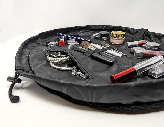 Lay-n-Go Cosmo Drawstring Cosmetic & Makeup Bag Organizer - Portable Drawstring Makeup Bag w/Zipper Pocket, Makeup Loops & More - Durable, Machine Washable Toiletry Bag (20", Comfort/Black Sherpa)