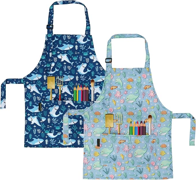 BeeGreen Kids Cooking Aprons w Adjustable Strap Kitchen Aprons w Front Pocket for Kids Toddler Painting Baking Artist