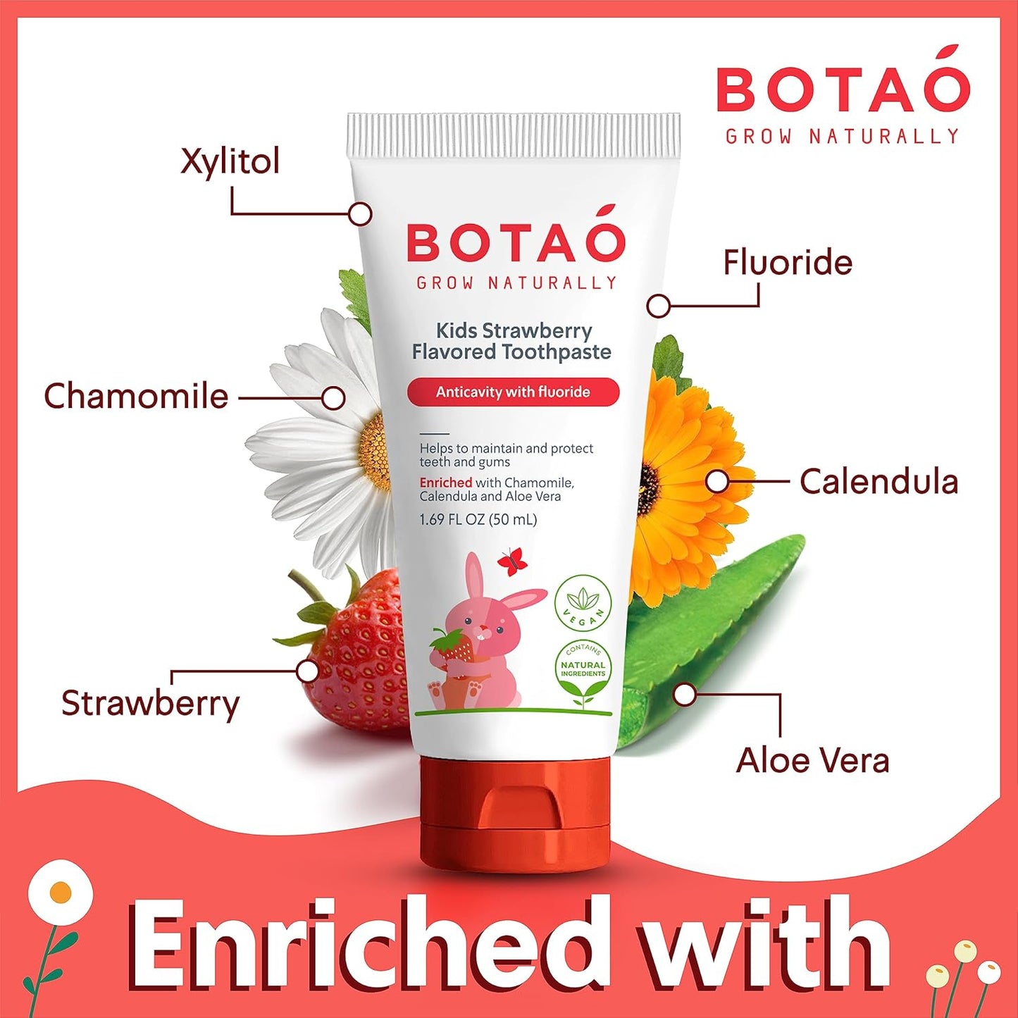 Kids Natural Strawberry Flavored Anticavity Fluoride Toothpaste Maximum Cavity Protection Cleans Children’s Teeth Protects Gums Chamomile Aloe Vera Calendula Xylitol for Ages 2 and Up