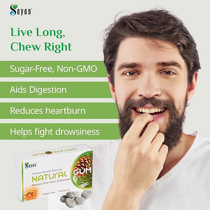 Sayan Sugar Free All Natural Gum, Siberian Pine Tree Resin and Beeswax Chewing Gum for Fresh Breath, Vegetarian, Non-GMO, No Sugar, Gluten Free, Aspartame Free, No Preservatives - 3 Packs (48 Pieces)