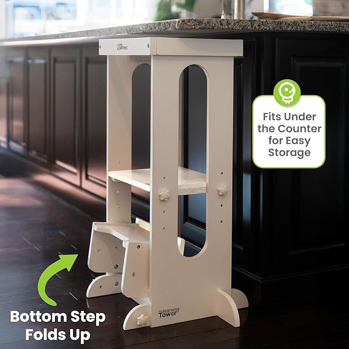 Little Partners Foldable Toddler Tower, Learning Tower Explore 'N Store Montessori Standing Kitchen Tower with Folding Step Stool Platform for Cooking and Learning, Ages 2+ (Soft White)