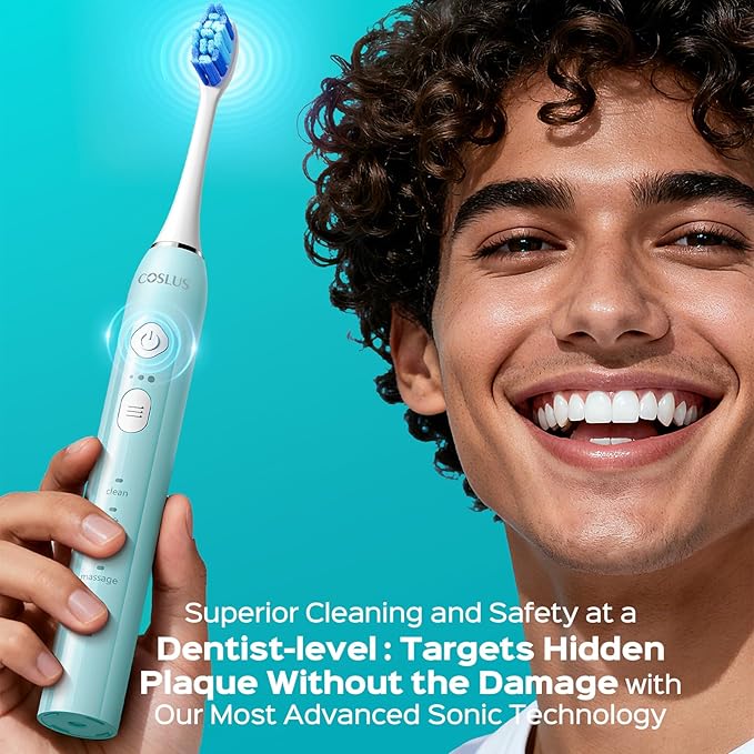 COSLUS Sonic Electric Toothbrush for Adults & Kids: 3 Intensities 5 Modes Gum-Friendly for Deep Cleaning & Whitening - 2 Types of Heads for Family, Sensitive Teeth, Braces, Travel & Home Use, Green