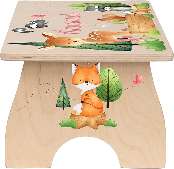 Step Stool for Toddlers- Personalized Wood Kids Step Stool with Name for Kitchen Sink, Bathroom, Potty Training, Toilet, Kitchen Sink- Sturdy and Safe- Made in USA by BloomOwl (Woodland- Pretty)