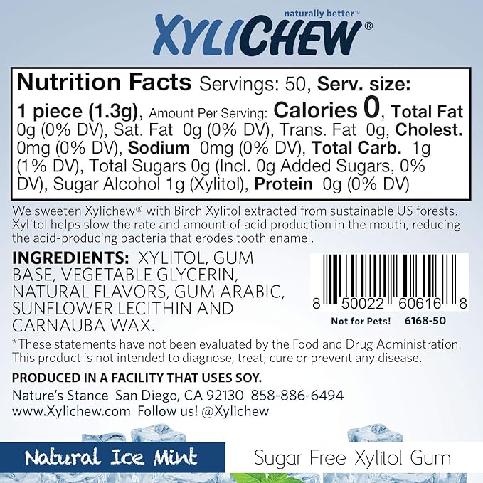 Xylichew 100% Xylitol Chewing Gum - Non GMO, Non Aspartame, Gluten Free, and Sugar Free Gum - Natural Oral Care, Relieves Bad Breath and Dry Mouth - Ice Mint, 50 Count