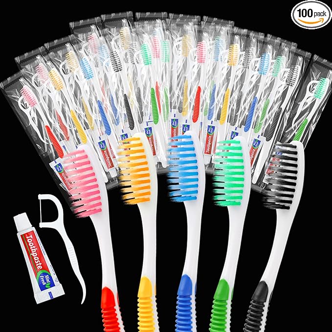 Disposable Toothbrushes with Toothpaste and Floss,100pcs Single Use Individually Wrapped Disposable Travel Toothbrushes and Dental Floss Kit Bulk for Homeless,Airbnb,Dentist,Hotel(5 Colors)