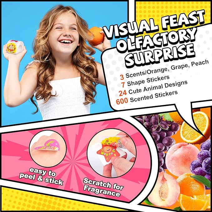 HORIECHALY 3 Rolls Scratch and Sniff Stickers for Kids, 600PCS Smelly Scented Stickers, Kid's Reward Sticker, Classroom Teacher Must Haves, School Supplies Incentives Christmas Children‘s Gift-1.57''