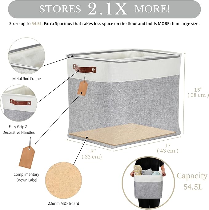 DECOMOMO Storage Baskets | Large Storage Bins 54.5L Fabric Baskets for Organizing Laundry Nursery Toys Cloth Linen Closet Organizers with Handles (Grey and White, XXXL - Jumbo/3P - 17" x 13" x 15")