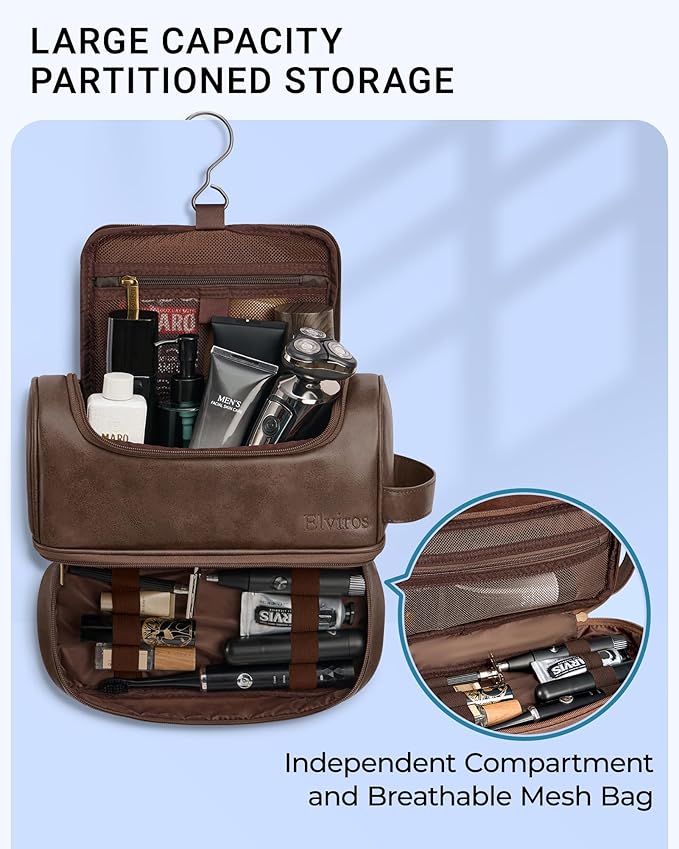 Elviros Toiletry Bag for Mens PU Leather Travel Organizer Kit with Hanging hook, Large Water-resistant Toiletries Bathroom Shaving Bags (Coffee)