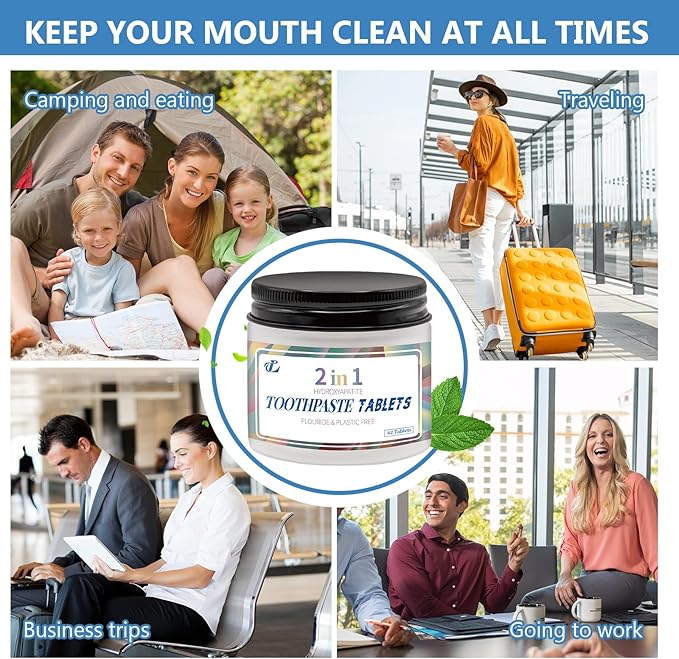 Toothpaste Tablets with Nano Hydroxyapatite – 2-in-1 Chewable Mint Tablets for Fresh Breath & Daily Cleaning, Fluoride-Free, Travel Friendly Jar, 62 Count (1)