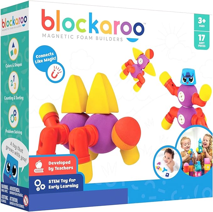 Blockaroo Magnetic Foam Building Blocks - 17-Piece Critter Set, Bath Toys for Toddlers, Preschool Toys, Bathtub Toys, Sensory Toys, Blocks for Toddlers 3-5, Engineering Toys for Kids 3-5, Bath Blocks