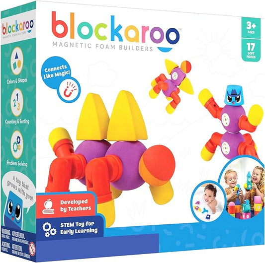Blockaroo Magnetic Foam Building Blocks - 17-Piece Critter Set, Bath Toys for Toddlers, Preschool Toys, Bathtub Toys, Sensory Toys, Blocks for Toddlers 3-5, Engineering Toys for Kids 3-5, Bath Blocks