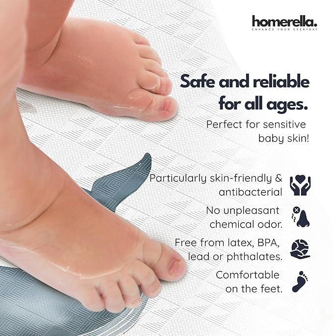 Homerella Baby Bath Tub Mat | Anti Mold Mildew Resistant Non Slip Kids and Adult Bath Tub Shower Mats | 40x16 inch Long with Suction Cups for Secure Grip Hooks for Storage & Drying | Machine Washable