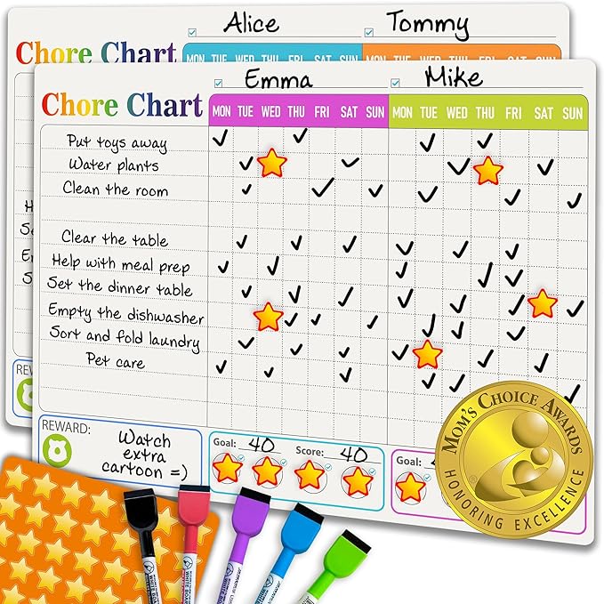 QUOKKA Behavior Chore Chart for Multiple Kids -7x10 inch Magnetic Board Also Hangs on The Wall - Includes 2 Charts and Accessories - Accommodates All Ages from Toddlers to Teens