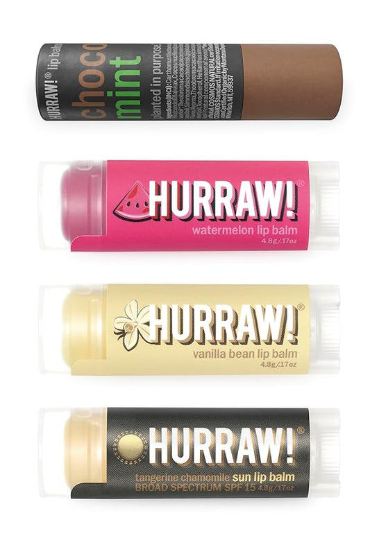 Hurraw! Lip Balms: Staff Favorites, 4 Balm Bundle Pack – Chocolate Mint, Watermelon, Vanilla Bean and Sun (SPF 15): Organic, Certified Vegan. 100% Natural Ingredients. Bee, Shea, Soy and Palm Free.