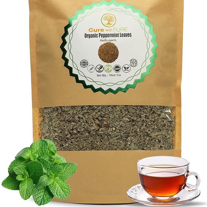 Cure Wid Pure Dried Peppermint Leaves 1lb Cut & Sifted Organic Peppermint Tea Loose Leaves,Fresh & Fragrant Mint Tea Non-Irradiated Caffeine-Free Herbal Tea - Eco-Friendly Resealable Pack te de menta