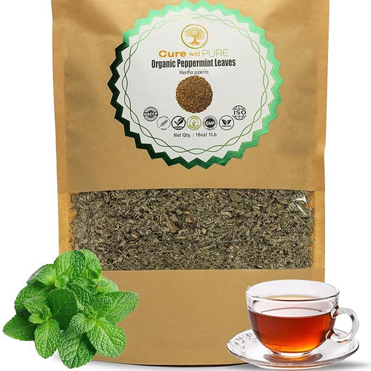 Cure Wid Pure Dried Peppermint Leaves 1lb Cut & Sifted Organic Peppermint Tea Loose Leaves,Fresh & Fragrant Mint Tea Non-Irradiated Caffeine-Free Herbal Tea - Eco-Friendly Resealable Pack te de menta