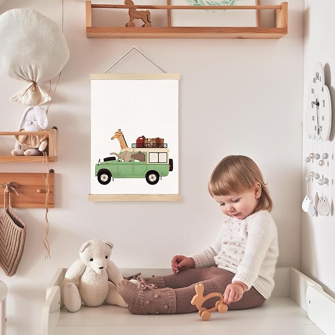 FDHSPAAM Funny Car Animal Nursery Wall Art Decor, Kids Room Decor, Whimsical Giraffe Elephant Rhinoceros Animal Travel Wall Art Posters for Nursery Home Kids Bedroom, 12x16 Inch