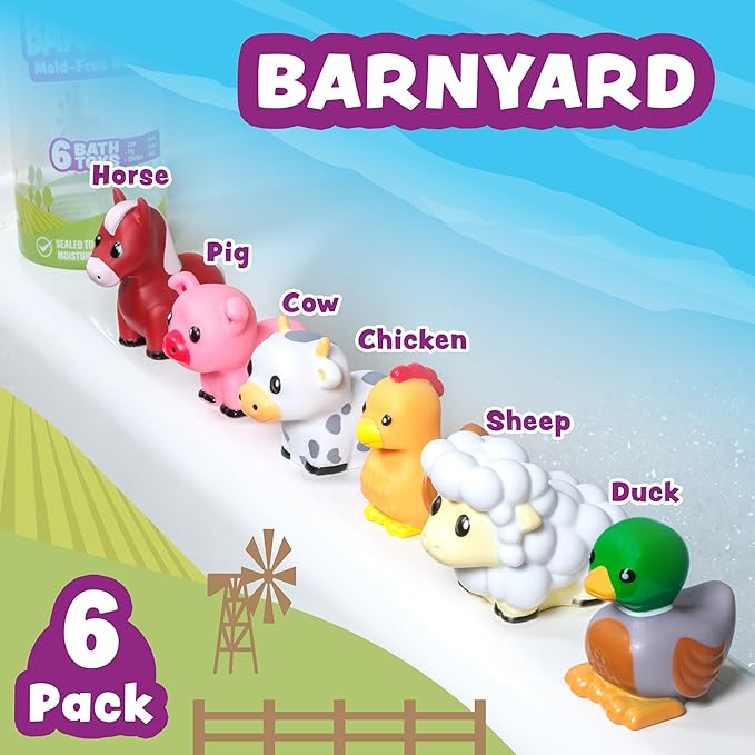 Tub Works® Barnyard™ Mold Free Bath Toys, 6 Pack | Sealed, No Hole Bath Toys Design Keeps Moisture Out | Soft, Squeezable & Float on Water | Farm Animals Baby & Toddler Bathtub Toys | Baby Pool Toys