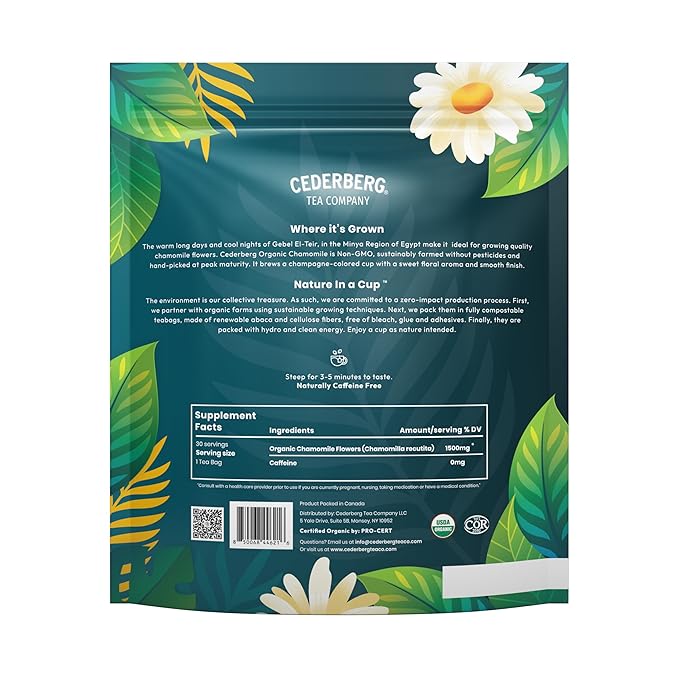 Cederberg Tea Company Organic Chamomile Tea — 30 Tea Bags | Organic Herbal Tea From Single Origin | Eco-Friendly Tea Bags | Non-GMO Caffeine Free Tea With Zero Sugar
