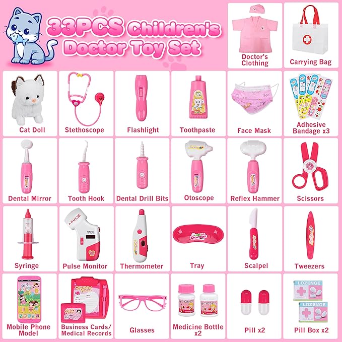 33Pcs Pet Doctor Kit for Toddlers - Dress Up Costume & Pretend Doctor Play Set with Cat Toy, Stethoscope, Pet Vet Roleplay Toys, Christmas Birthday Gifts for Ages 3 4 5 6 7 8 Year Old Boys Girls