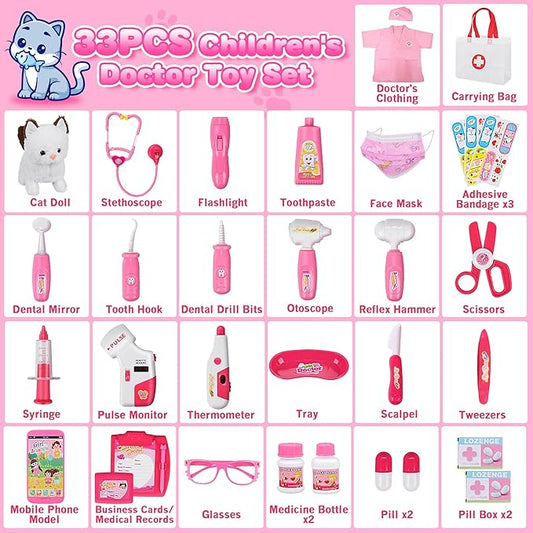 33Pcs Pet Doctor Kit for Toddlers - Dress Up Costume & Pretend Doctor Play Set with Cat Toy, Stethoscope, Pet Vet Roleplay Toys, Christmas Birthday Gifts for Ages 3 4 5 6 7 8 Year Old Boys Girls