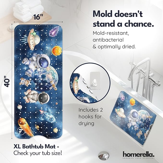 Bath Tub Mat Non Slip Anti Mold for Kids BPA Free INCL Hooks - homerella® Ocean Sea Animals 40x16, Baby Bath Mat Non Slip 200 Suction Cups, Non Toxic Machine Washable Toddler Bath Mat, EU Certified