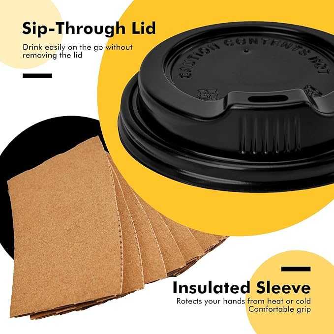 RACETOP 50 Pack 16 oz Coffee Cups with Lids, Black Disposable Coffee Cups with Lids, Sleeves and Stirring Sticks, Hot Paper Coffee Cup 16 oz for Hot Drinks, Parties, Picnic, Travel, and Events