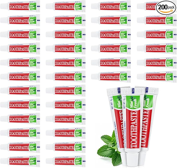 200 Tubes Travel Size Toothpaste in Bulk, Disposable Mini Mint Compact Small Pocket Size Essential Toothpaste for Vacation Hotel Shelter Homeless Nursing Home Charity Camping Single Use 0.17 oz/ 5g