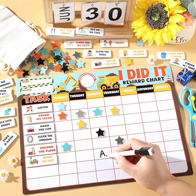 Magnetic Reward Chart for Kids at Home Construction Theme I Did It Motivate Behavior Reward Chart System Magnetic Behavior Tracker Incentive Chore Pad to Develop Responsibility and Good Habits