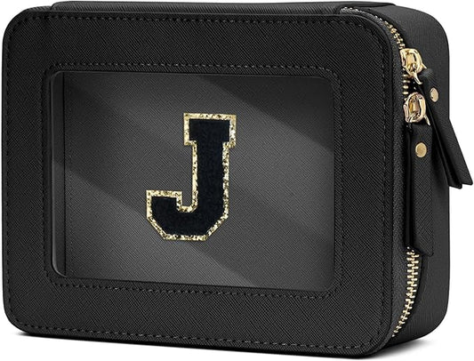 Initial Travel Toiletry Bag - Cosmetic Bags for Girls with Zipper, Clear & Potable Makeup Bag for Travel, Cosmetic Pouch Perfect Gifts for Graduation (Black, J)