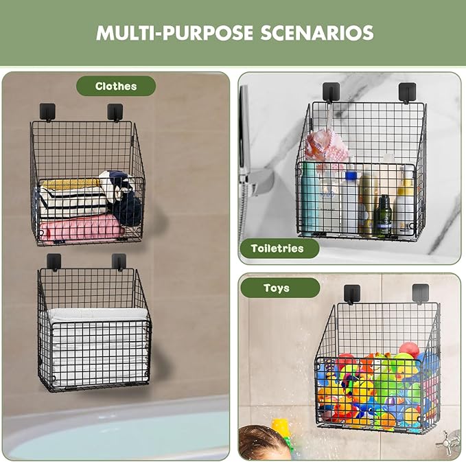 Large Bath Toy Storage, Metal Bathtub Shower Toy Holder, Foldable bath Tub Toy Organizers Black, Bathroom Toy Storage with Drainage for Sorting Toys/Clothes/Toiletries