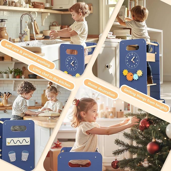 Toddler Tower 4-in-1 Multifunctional Kitchen Step Stool Helper with Removable Safety Board, Adjustable Heights, Slide, Highchair, Chalkboard, Montessori Games-Blue