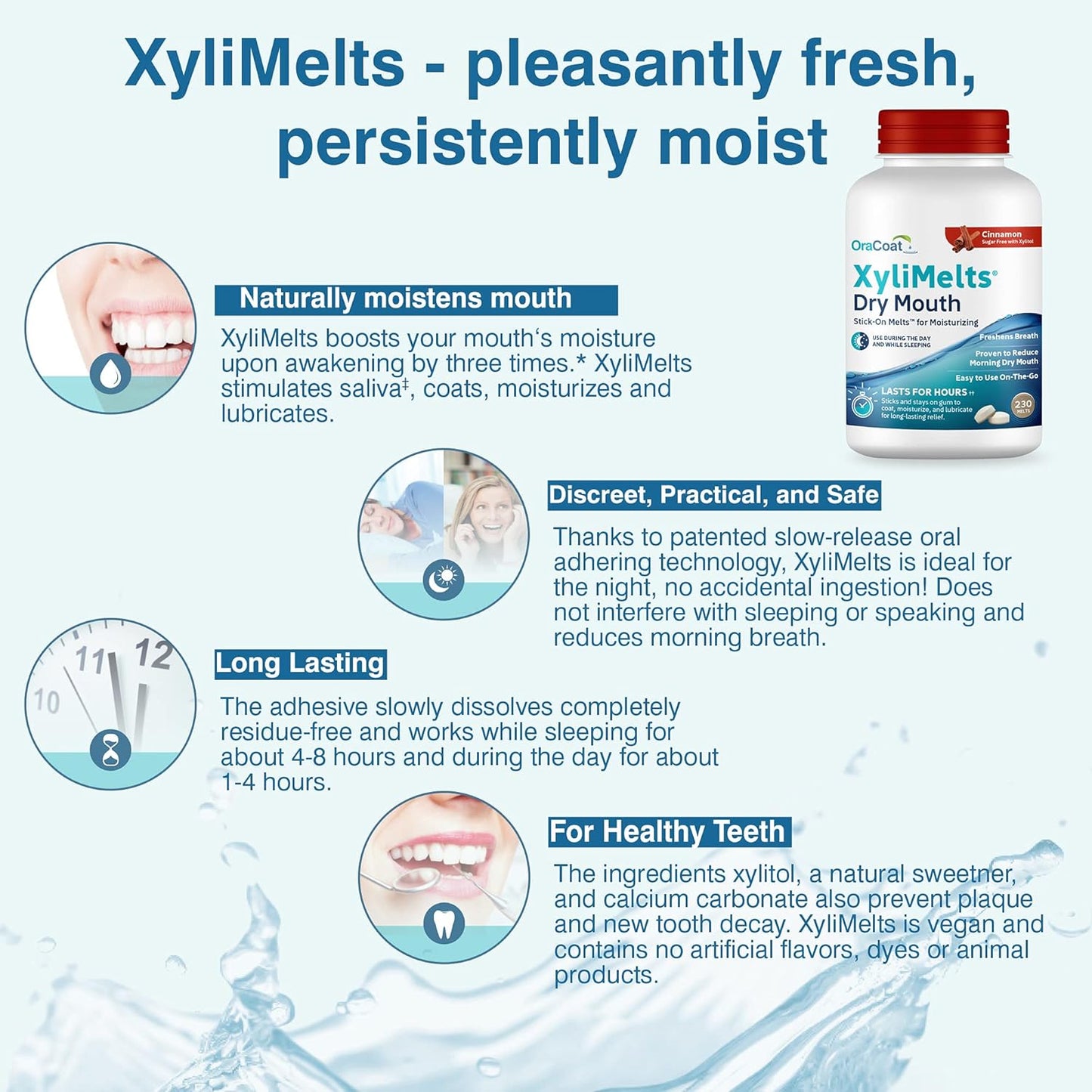 Oracoat XyliMelts for Dry Mouth Night Time or Day - Moisturizing Dry Mouth Adhering Discs, Sugar Free with Xylitol, 230 Count, Cinnamon, 8-Hour Relief