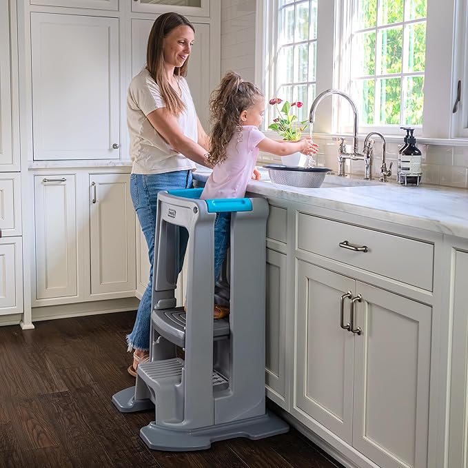 Simplay3 Toddler Tower Montessori Standing Kitchen Step Stool with Sturdy Stabilizing Base and Adjustable Platform, 20.5" D x 26" W x 34.5" H, Ages 18 Months to 5 Years, Gray