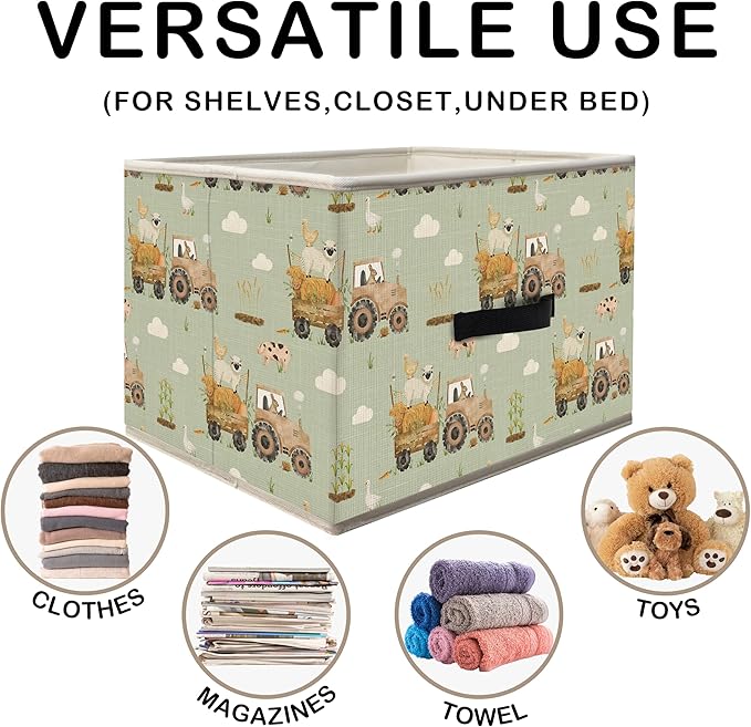 Nogrit Farm Animal Nursery Storage Bins Box, Toybox for Boys Girls, Light Green Rustic Farmhouse Foldable Baskets Organizer Container with Handles for Kids Bedroom Bathroom Clothes Toys Books