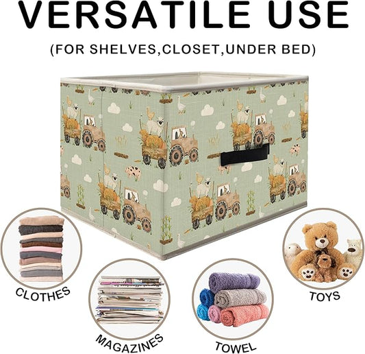 Nogrit Farm Animal Nursery Storage Bins Box, Toybox for Boys Girls, Light Green Rustic Farmhouse Foldable Baskets Organizer Container with Handles for Kids Bedroom Bathroom Clothes Toys Books