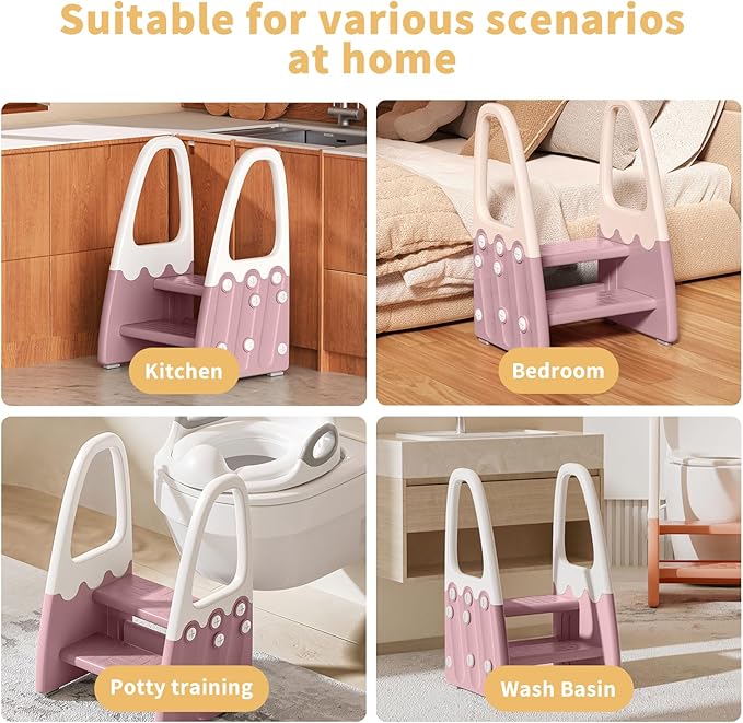 Two Step Stool with Handrails for Toddler and Kids, Standing Learning Stool Tower for Bathroom Sink, Potty Training, Children Step Up Learning Helper with Handles (Pink-White)