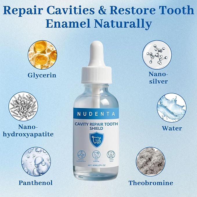 Nudenta Odontic Repair, Cavity Healing Tooth Armor Liquid, Nano Hydroxyapatite Remineralization Complex for Cavity Repair, Teeth Whitening with Remineralization Drops, Enamel Strengthening - 60ml