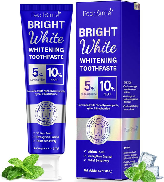 PearlSmile Niacinamide Hydroxyapatite Whitening Toothpaste – 10% Nano Hydroxyapatite + 5% Niacinamide – Strengthens Enamel, Remineralizes, Brightens Teeth – Fluoride-Free, Travel Size, 4.2oz (120g)