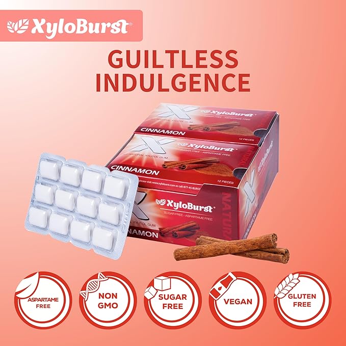 XyloBurst Gum | Xylitol Chewing Gum | Sugar Free, Gluten Free, Keto Friendly | Aspartame Free Gum For Oral Health | Cinnamon | 12 Pieces, Pack of 12